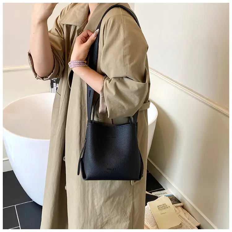 Women Large Capacity Bucket Bag Tan Leather Shoulder Crossbody — feature 20