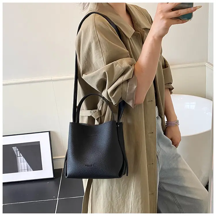 Women Large Capacity Bucket Bag Tan Leather Shoulder Crossbody — feature 21