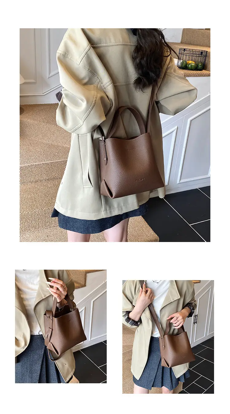 Women Large Capacity Bucket Bag Tan Leather Shoulder Crossbody — feature 6