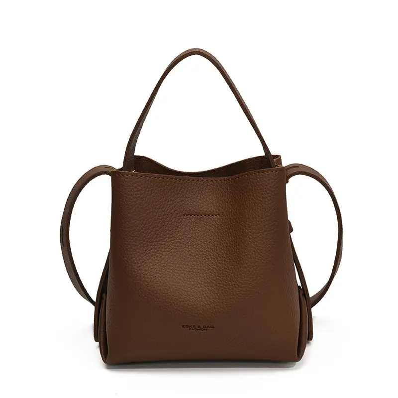 Women Large Capacity Bucket Bag Tan Leather Shoulder Crossbody - Image 2