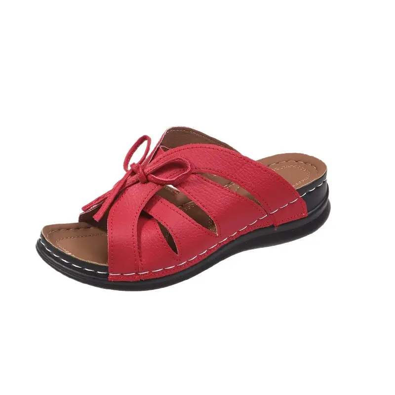 New Summer Cross-Border Women's Shoes Wedge Heel Fish Mouth Slippers Solid Color Large Size Bow Decorated Roman Sandals for Women - Image 9