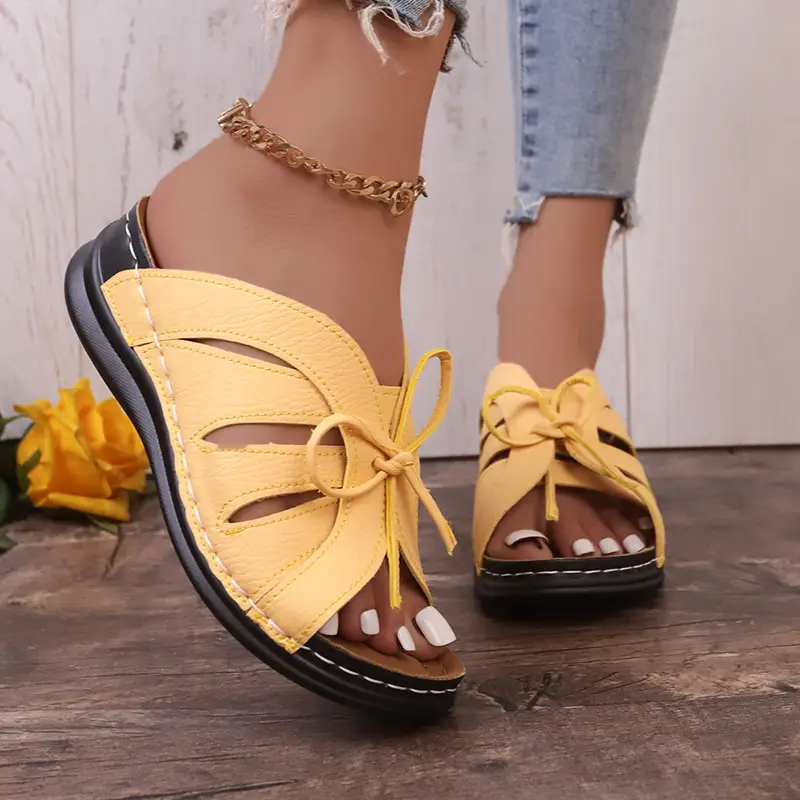 New Summer Cross-Border Women's Shoes Wedge Heel Fish Mouth Slippers Solid Color Large Size Bow Decorated Roman Sandals for Women — feature 10