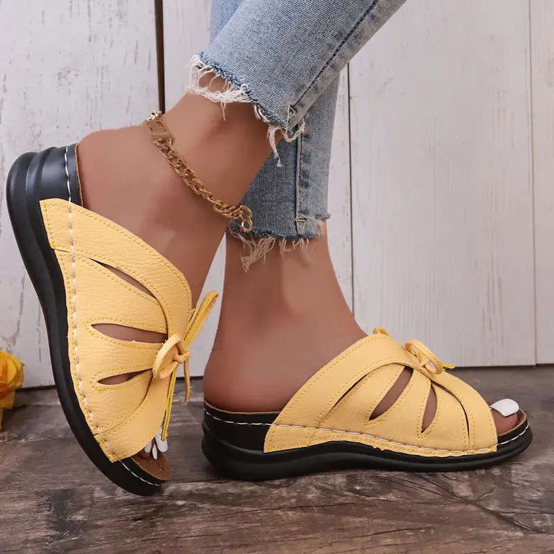 New Summer Cross-Border Women's Shoes Wedge Heel Fish Mouth Slippers Solid Color Large Size Bow Decorated Roman Sandals for Women — feature 11