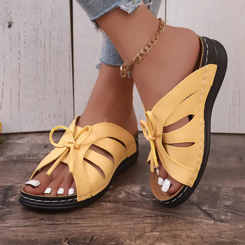 New Summer Cross-Border Women's Shoes Wedge Heel Fish Mouth Slippers Solid Color Large Size Bow Decorated Roman Sandals for Women — feature 12