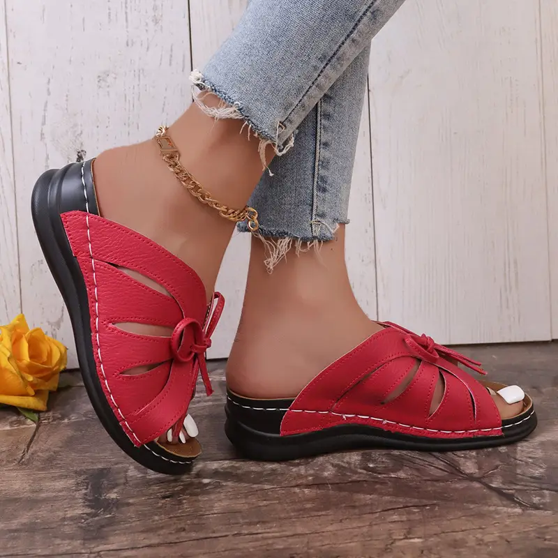 New Summer Cross-Border Women's Shoes Wedge Heel Fish Mouth Slippers Solid Color Large Size Bow Decorated Roman Sandals for Women — feature 13