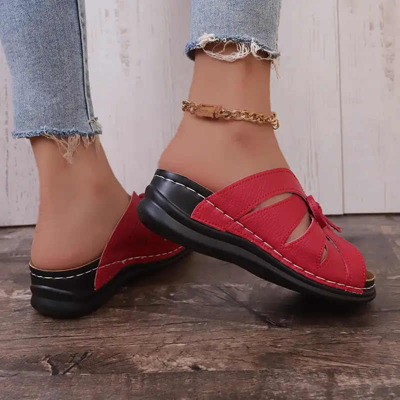 New Summer Cross-Border Women's Shoes Wedge Heel Fish Mouth Slippers Solid Color Large Size Bow Decorated Roman Sandals for Women — feature 14