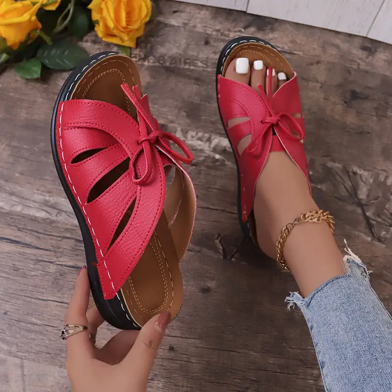 New Summer Cross-Border Women's Shoes Wedge Heel Fish Mouth Slippers Solid Color Large Size Bow Decorated Roman Sandals for Women — feature 16