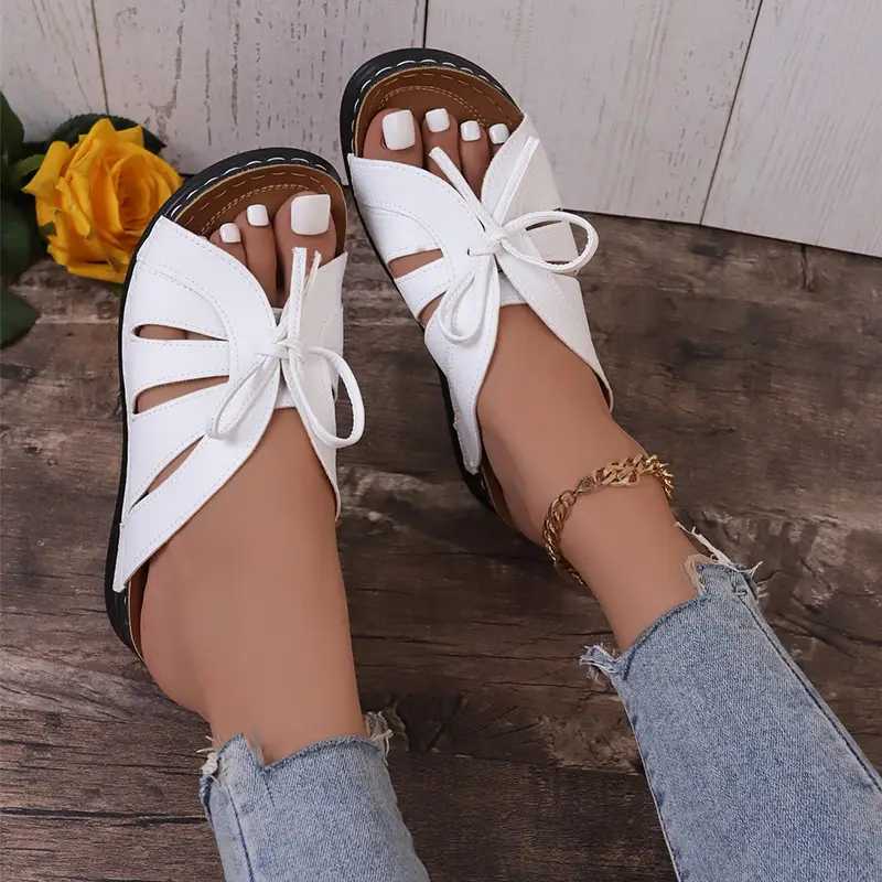 New Summer Cross-Border Women's Shoes Wedge Heel Fish Mouth Slippers Solid Color Large Size Bow Decorated Roman Sandals for Women — feature 17