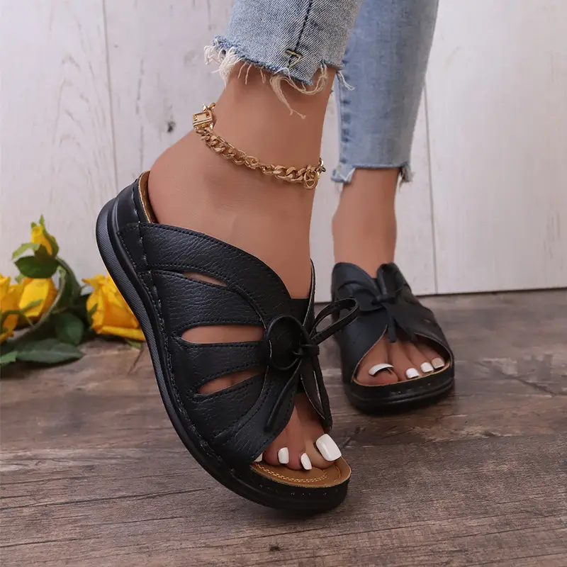 New Summer Cross-Border Women's Shoes Wedge Heel Fish Mouth Slippers Solid Color Large Size Bow Decorated Roman Sandals for Women — feature 20
