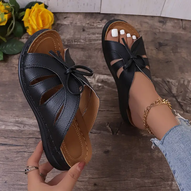 New Summer Cross-Border Women's Shoes Wedge Heel Fish Mouth Slippers Solid Color Large Size Bow Decorated Roman Sandals for Women — feature 23