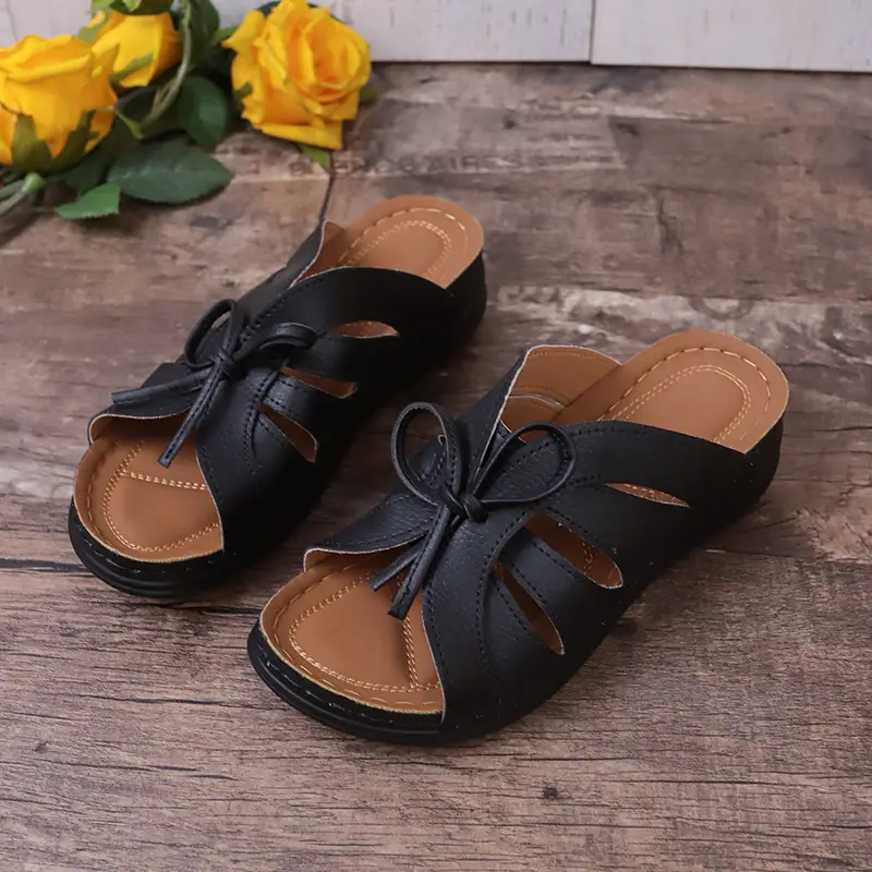 New Summer Cross-Border Women's Shoes Wedge Heel Fish Mouth Slippers Solid Color Large Size Bow Decorated Roman Sandals for Women — feature 24