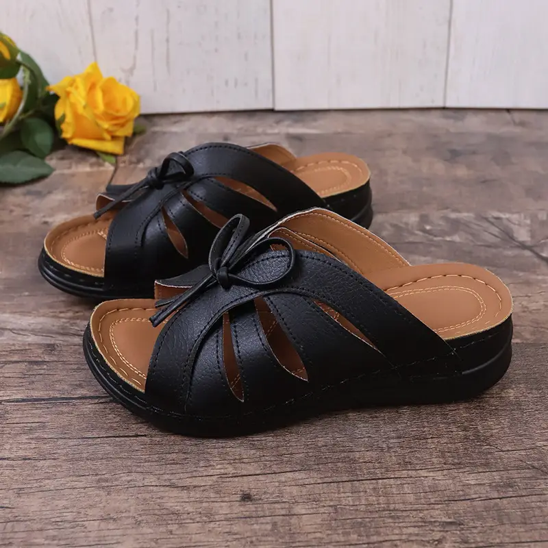 New Summer Cross-Border Women's Shoes Wedge Heel Fish Mouth Slippers Solid Color Large Size Bow Decorated Roman Sandals for Women — feature 25