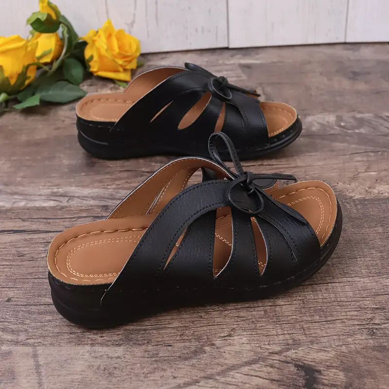 New Summer Cross-Border Women's Shoes Wedge Heel Fish Mouth Slippers Solid Color Large Size Bow Decorated Roman Sandals for Women — feature 26
