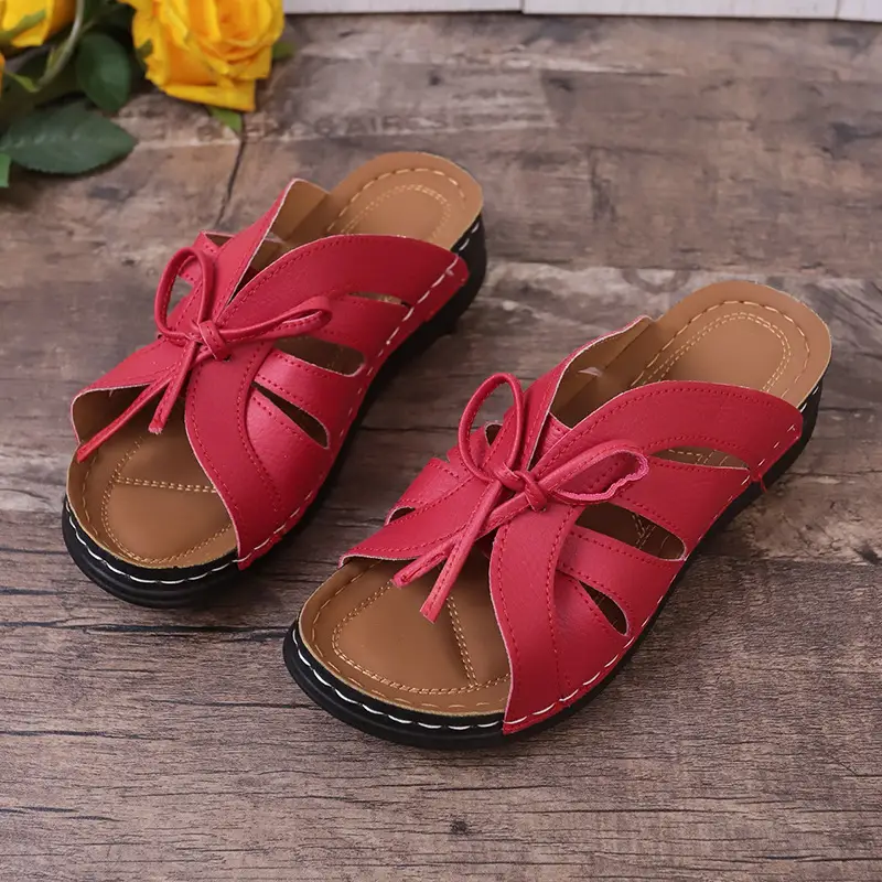 New Summer Cross-Border Women's Shoes Wedge Heel Fish Mouth Slippers Solid Color Large Size Bow Decorated Roman Sandals for Women — feature 27