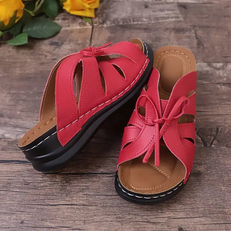 New Summer Cross-Border Women's Shoes Wedge Heel Fish Mouth Slippers Solid Color Large Size Bow Decorated Roman Sandals for Women — feature 28