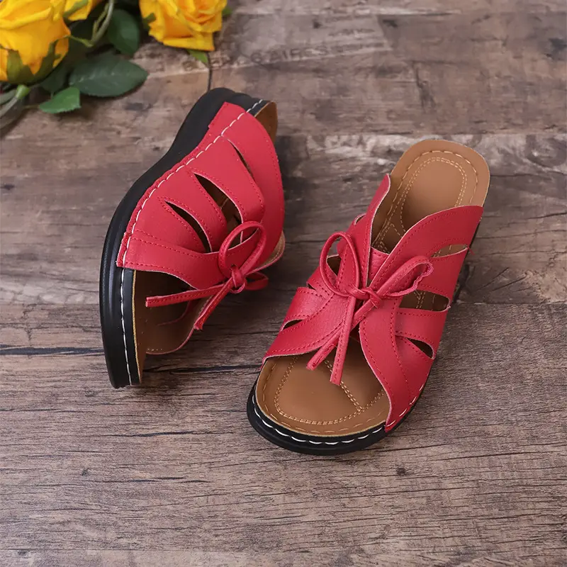 New Summer Cross-Border Women's Shoes Wedge Heel Fish Mouth Slippers Solid Color Large Size Bow Decorated Roman Sandals for Women — feature 29