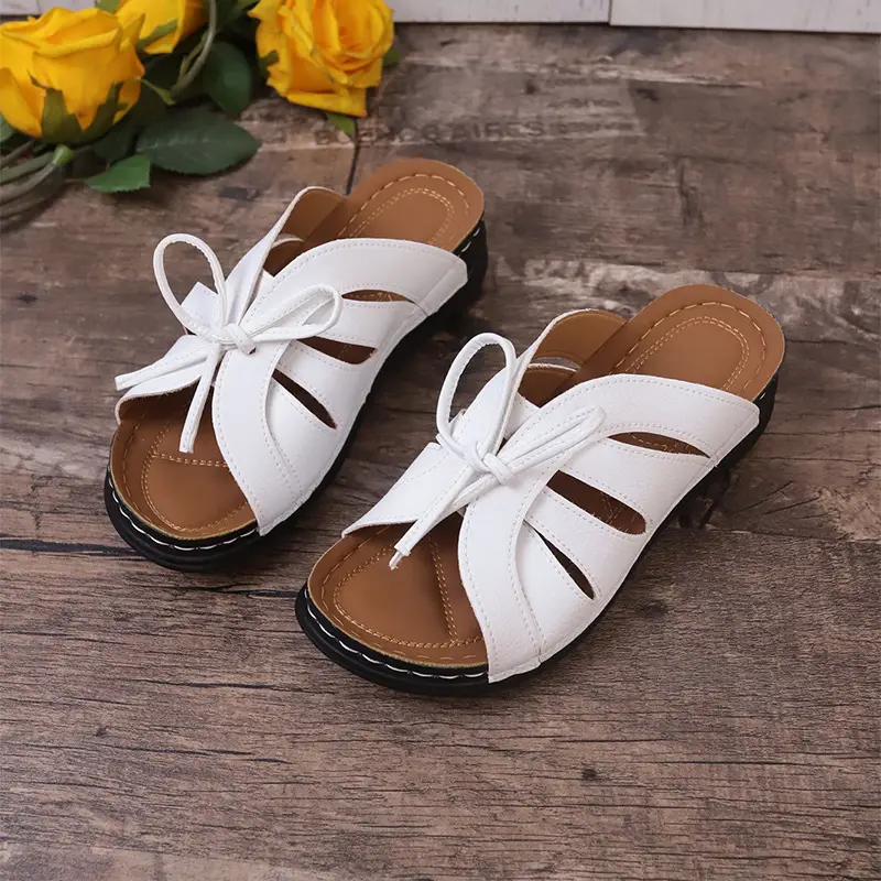 New Summer Cross-Border Women's Shoes Wedge Heel Fish Mouth Slippers Solid Color Large Size Bow Decorated Roman Sandals for Women — feature 30
