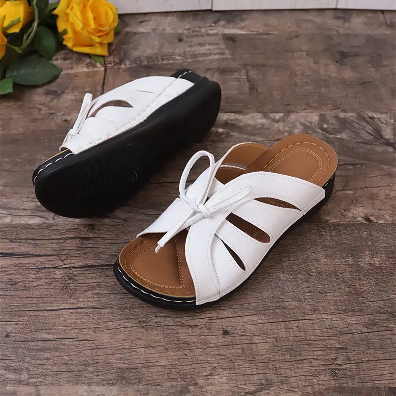 New Summer Cross-Border Women's Shoes Wedge Heel Fish Mouth Slippers Solid Color Large Size Bow Decorated Roman Sandals for Women — feature 31