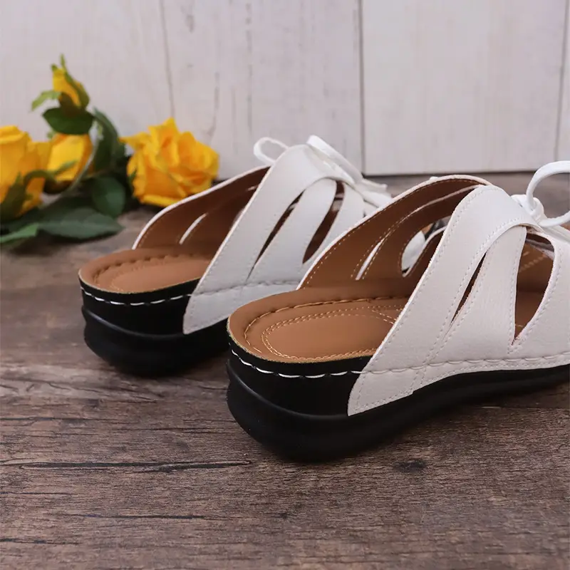 New Summer Cross-Border Women's Shoes Wedge Heel Fish Mouth Slippers Solid Color Large Size Bow Decorated Roman Sandals for Women — feature 32