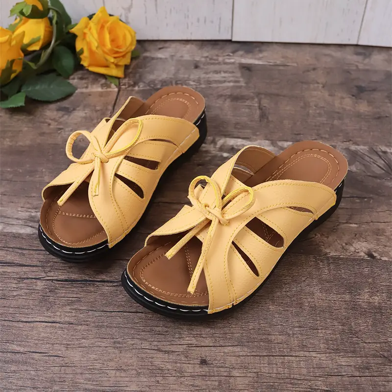 New Summer Cross-Border Women's Shoes Wedge Heel Fish Mouth Slippers Solid Color Large Size Bow Decorated Roman Sandals for Women — feature 33