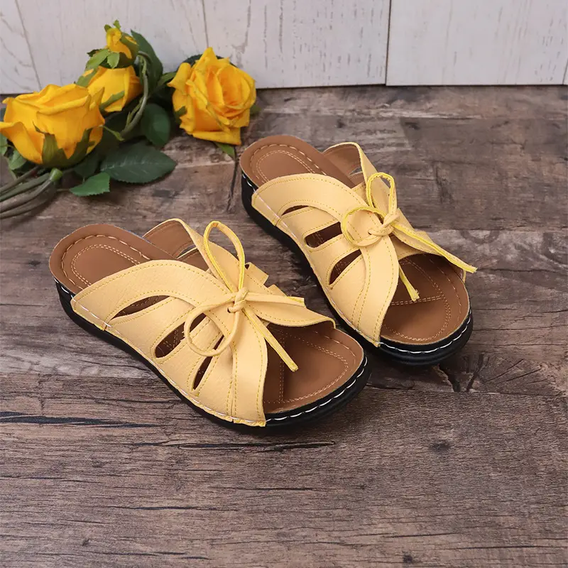 New Summer Cross-Border Women's Shoes Wedge Heel Fish Mouth Slippers Solid Color Large Size Bow Decorated Roman Sandals for Women — feature 34