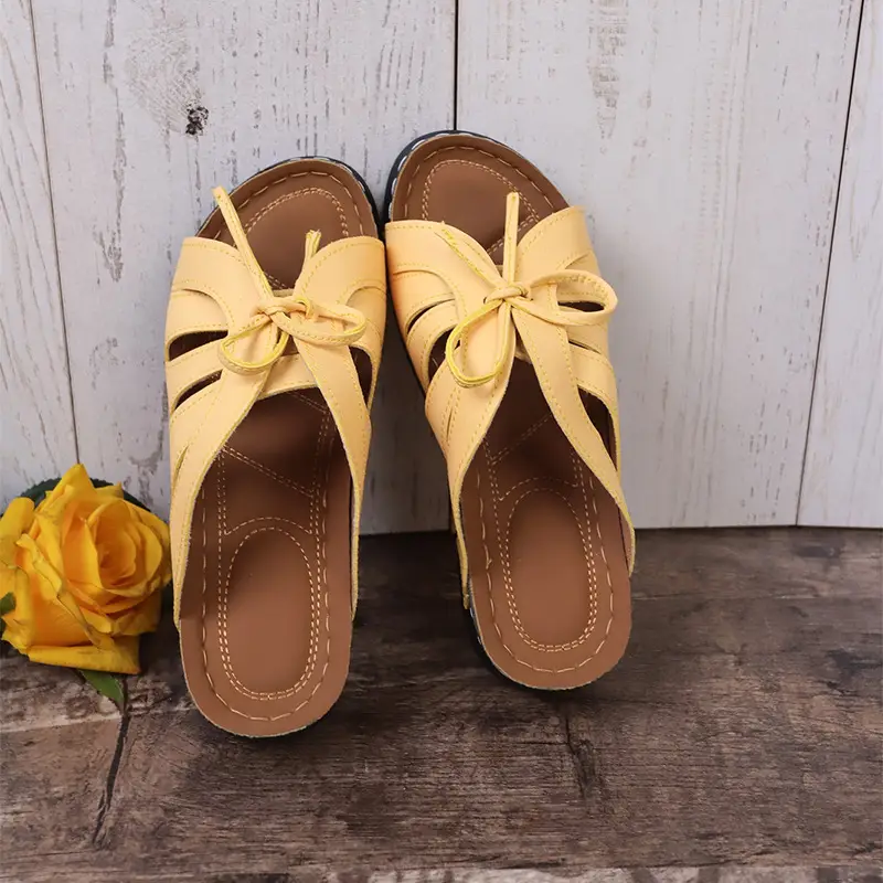 New Summer Cross-Border Women's Shoes Wedge Heel Fish Mouth Slippers Solid Color Large Size Bow Decorated Roman Sandals for Women — feature 35