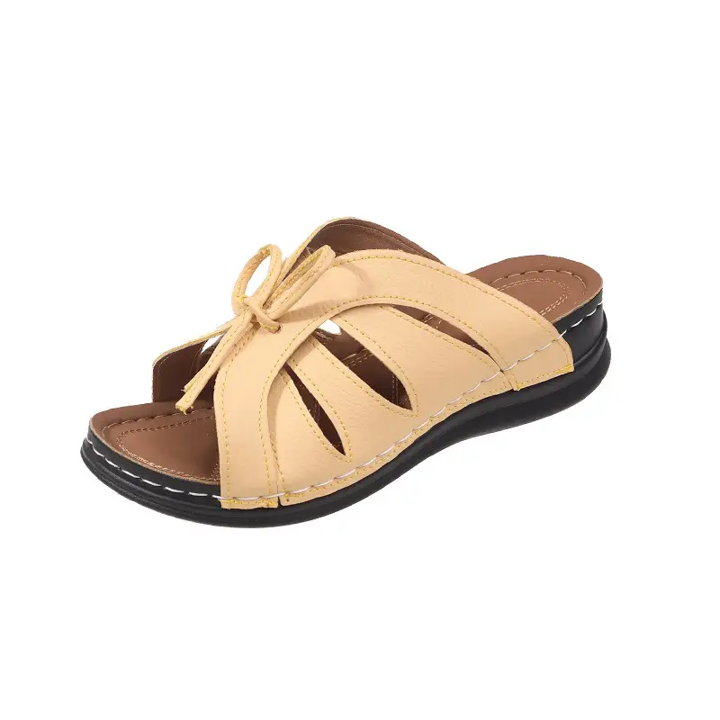 New Summer Cross-Border Women's Shoes Wedge Heel Fish Mouth Slippers Solid Color Large Size Bow Decorated Roman Sandals for Women — feature 36