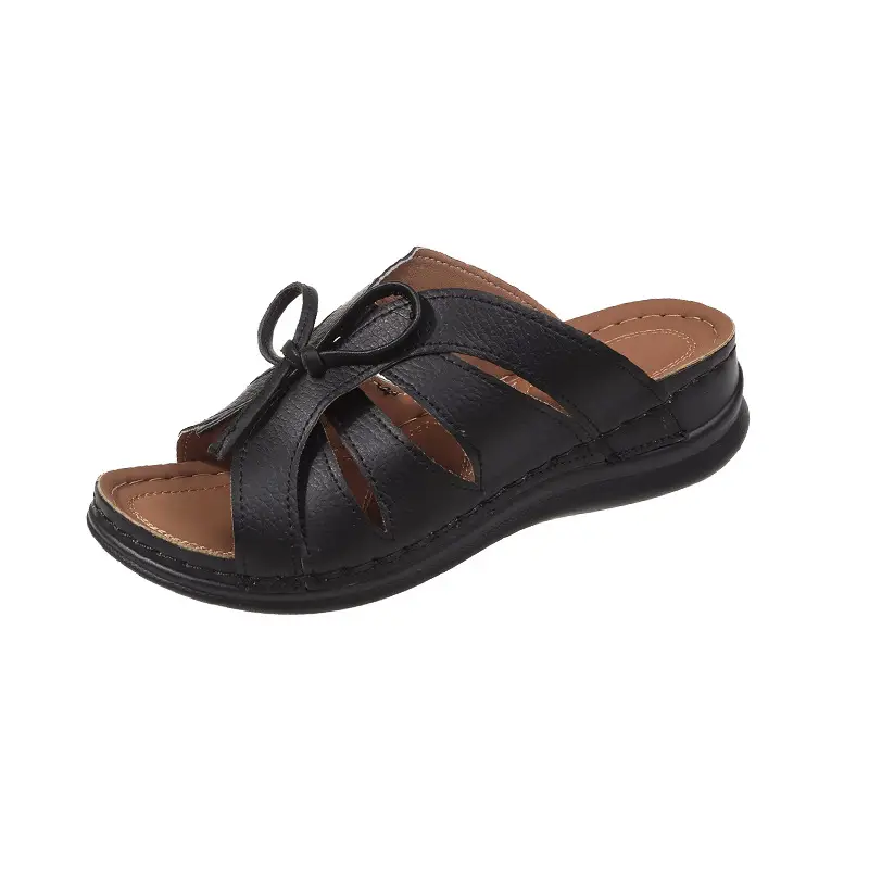 New Summer Cross-Border Women's Shoes Wedge Heel Fish Mouth Slippers Solid Color Large Size Bow Decorated Roman Sandals for Women — feature 37