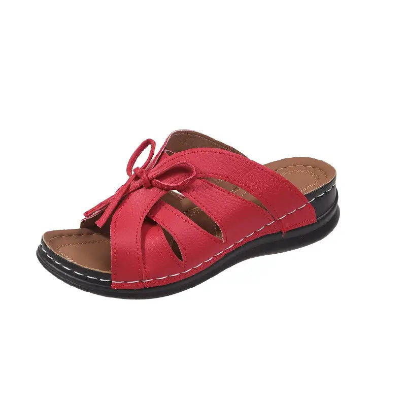 New Summer Cross-Border Women's Shoes Wedge Heel Fish Mouth Slippers Solid Color Large Size Bow Decorated Roman Sandals for Women — feature 38