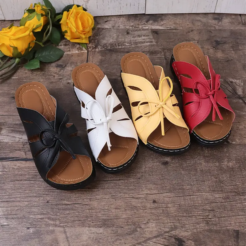 New Summer Cross-Border Women's Shoes Wedge Heel Fish Mouth Slippers Solid Color Large Size Bow Decorated Roman Sandals for Women — feature 6