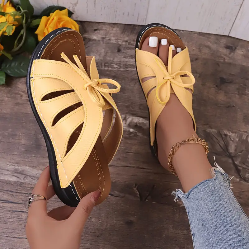 New Summer Cross-Border Women's Shoes Wedge Heel Fish Mouth Slippers Solid Color Large Size Bow Decorated Roman Sandals for Women — feature 7
