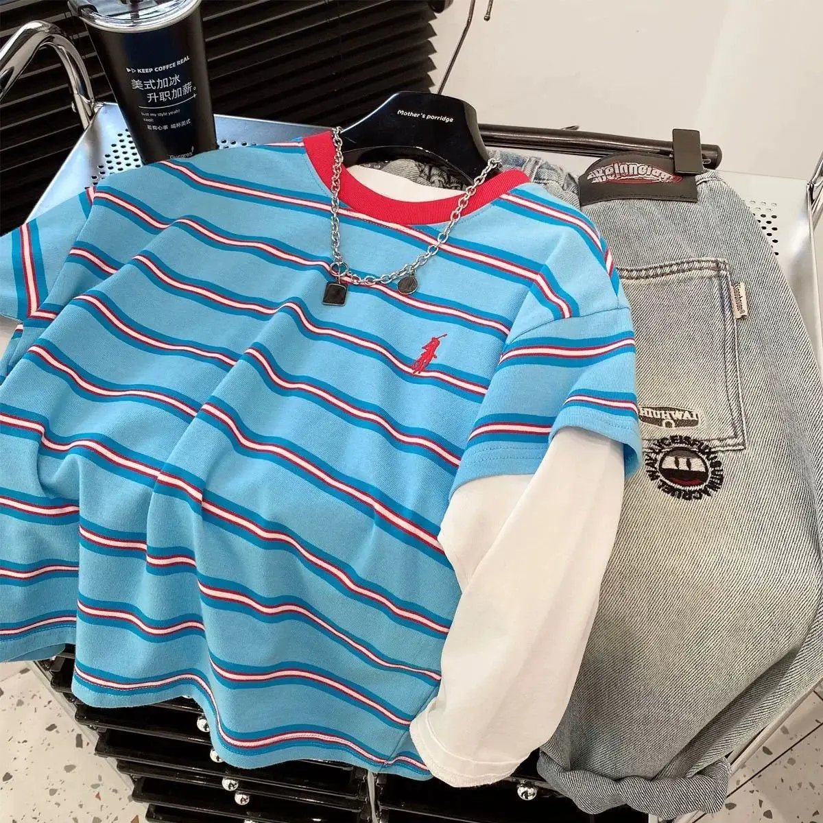 Boys Fake Two-Piece Cotton Striped T-Shirt Medium Large - Image 5