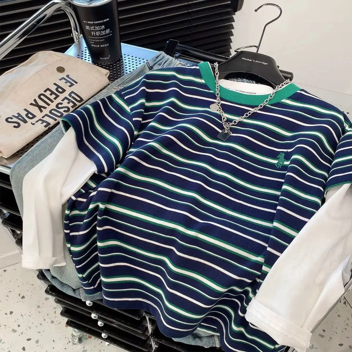 Boys Fake Two-Piece Cotton Striped T-Shirt Medium Large - Image 6