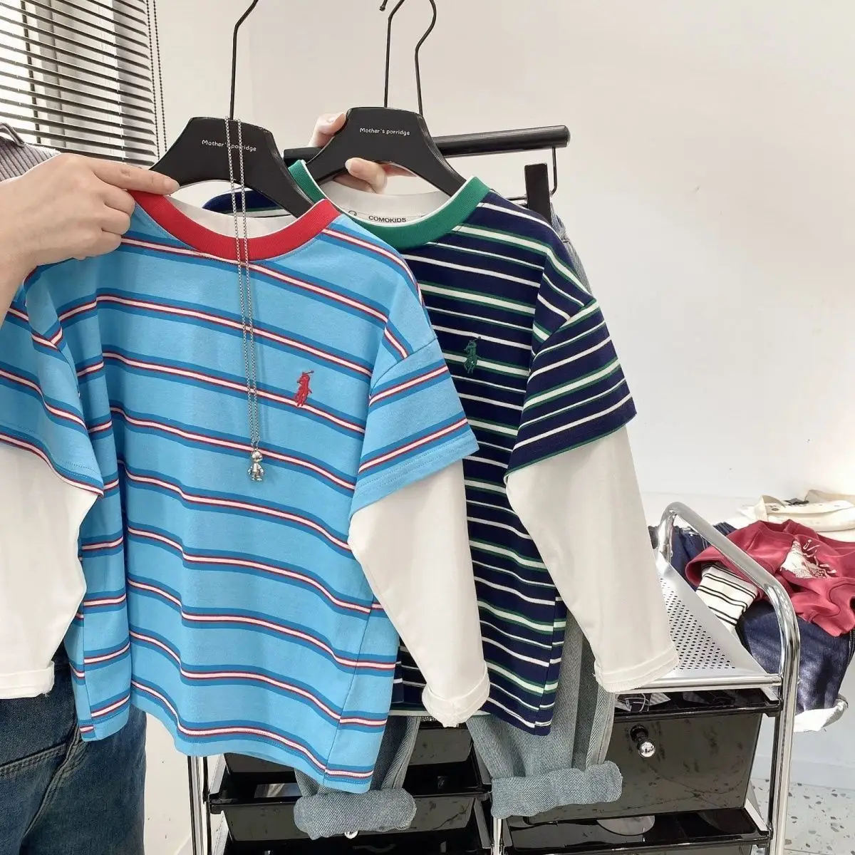 Boys Fake Two-Piece Cotton Striped T-Shirt Medium Large — feature 1