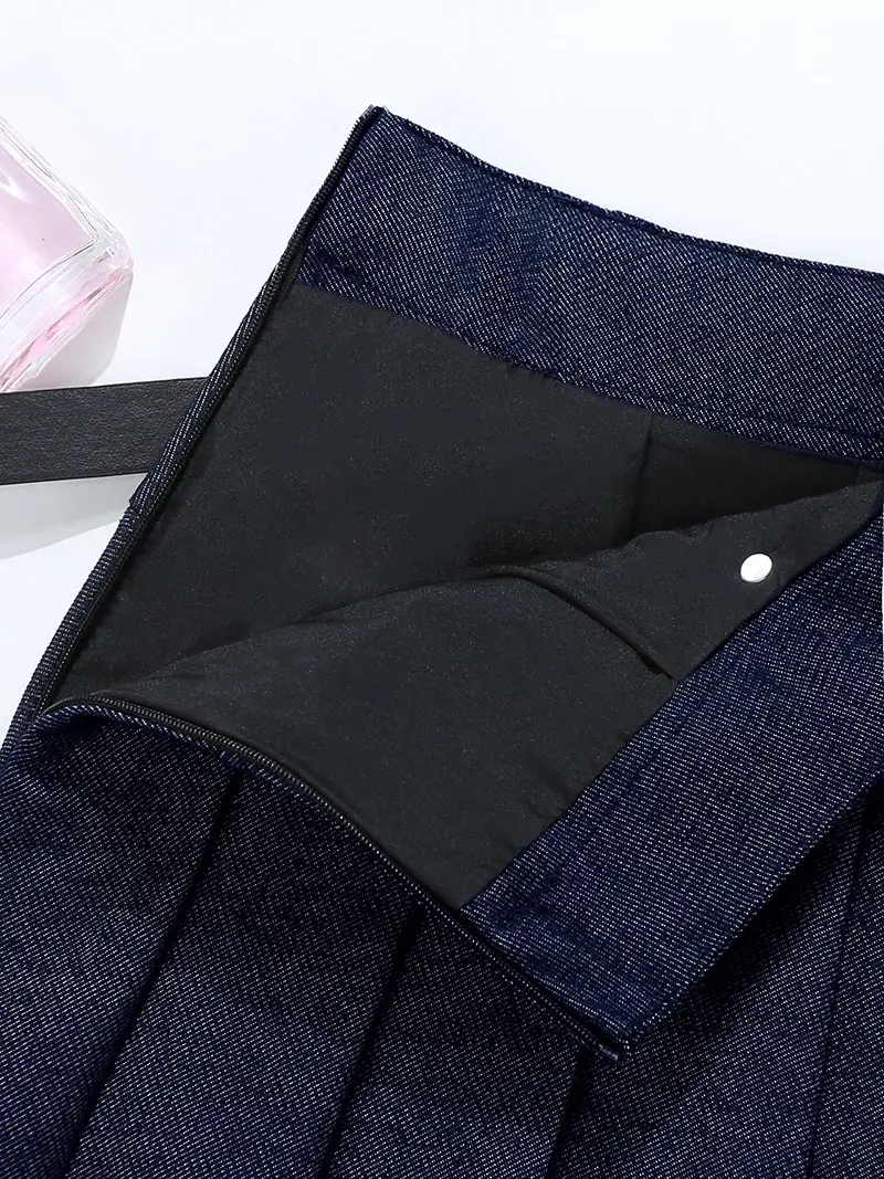 Retro Denim Belt Pleated Skirt Brown 2025 - Image 7