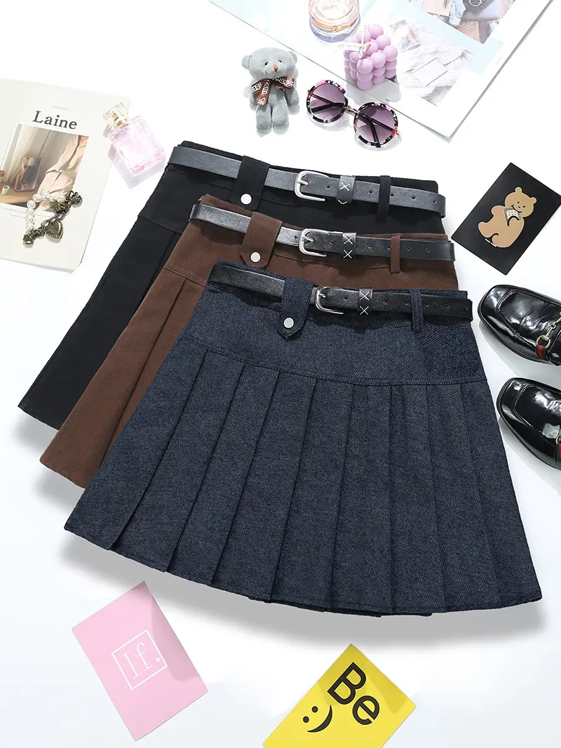 Retro Denim Belt Pleated Skirt Brown 2025 — feature 1