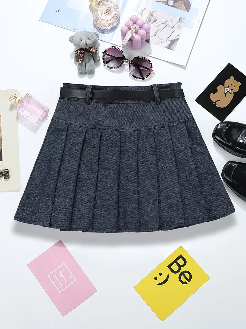 Retro Denim Belt Pleated Skirt Brown 2025 — feature 11