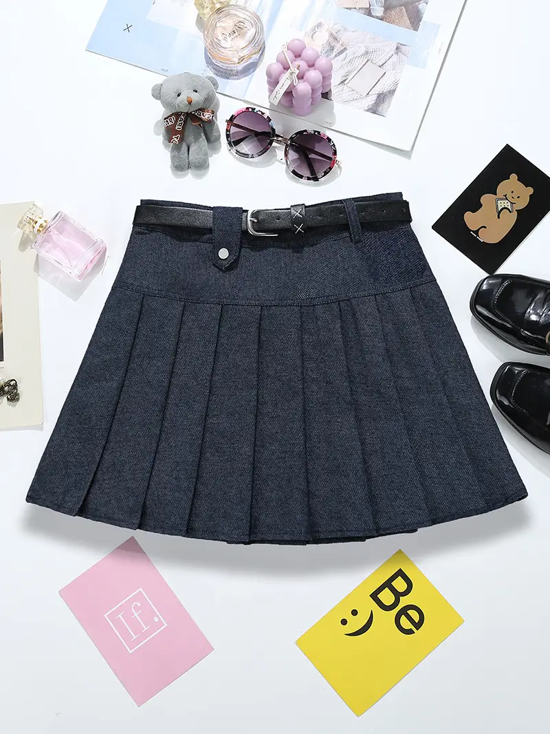 Retro Denim Belt Pleated Skirt Brown 2025 — feature 12