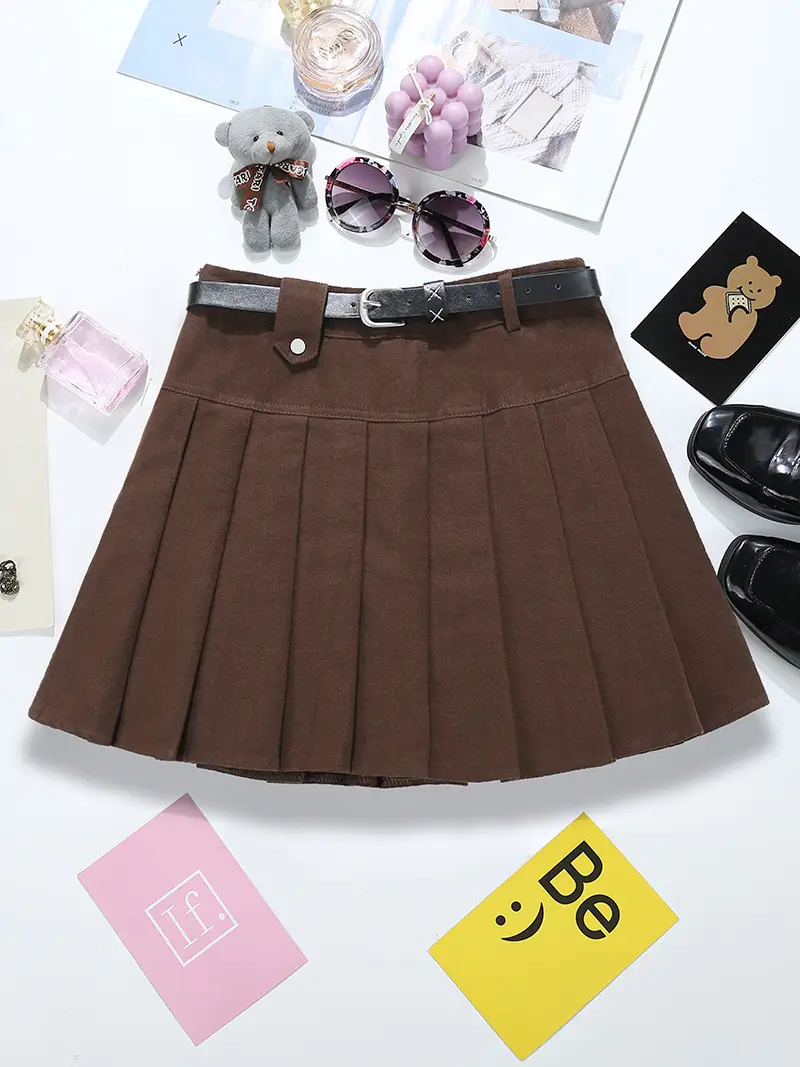 Retro Denim Belt Pleated Skirt Brown 2025 — feature 4