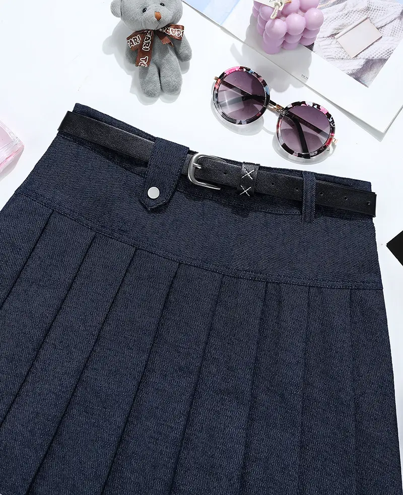 Retro Denim Belt Pleated Skirt Brown 2025 — feature 5