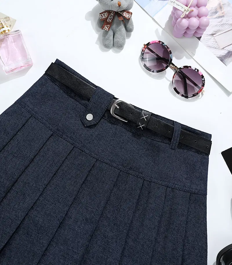 Retro Denim Belt Pleated Skirt Brown 2025 — feature 8