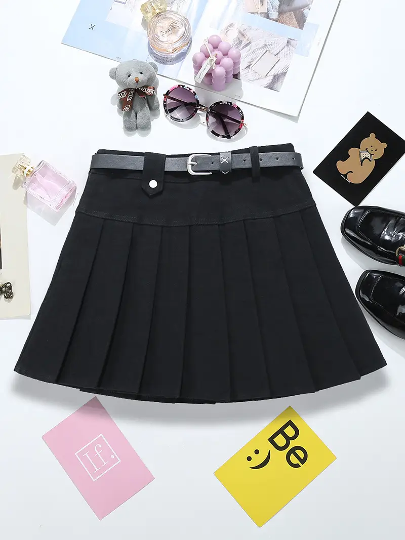 Retro Denim Belt Pleated Skirt Brown 2025 - Image 2