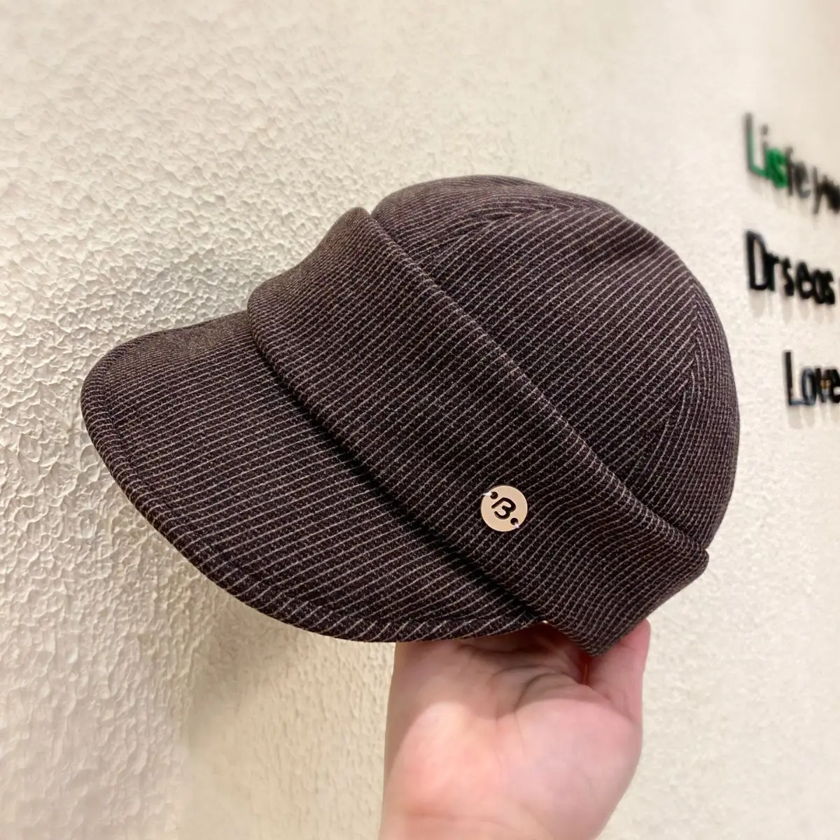 Women Classic Pleated Cap Grey Striped Spring Autumn - Image 4