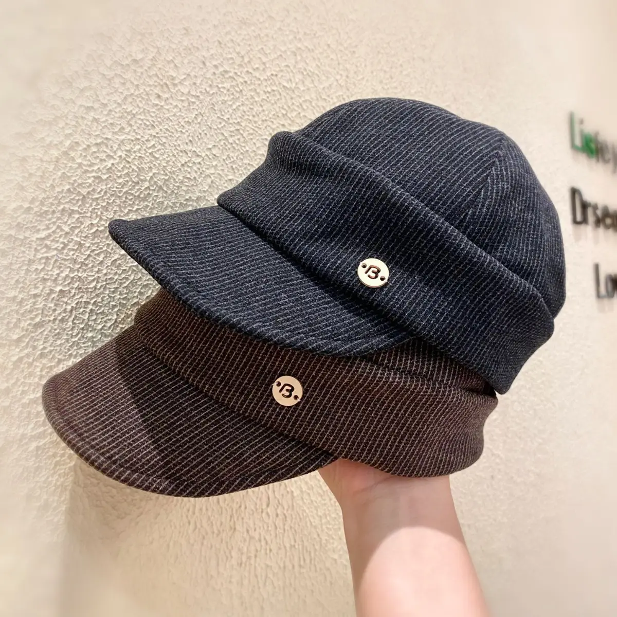 Women Classic Pleated Cap Grey Striped Spring Autumn - Image 5
