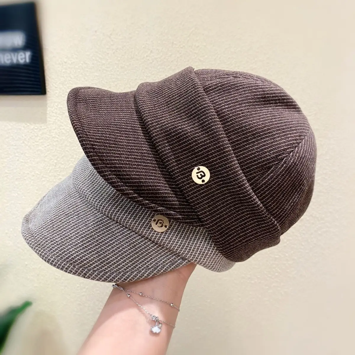 Women Classic Pleated Cap Grey Striped Spring Autumn - Image 6