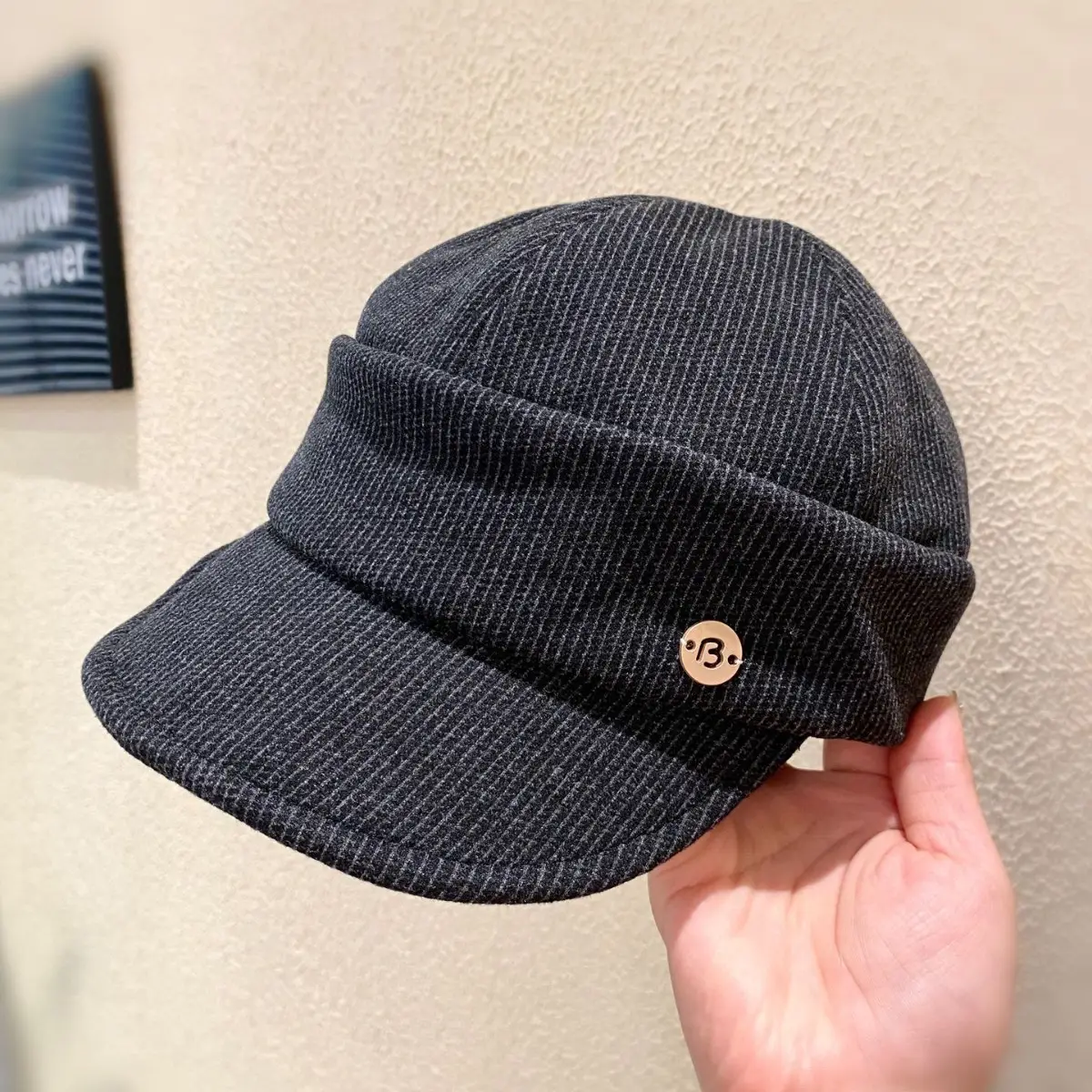 Women Classic Pleated Cap Grey Striped Spring Autumn - Image 7