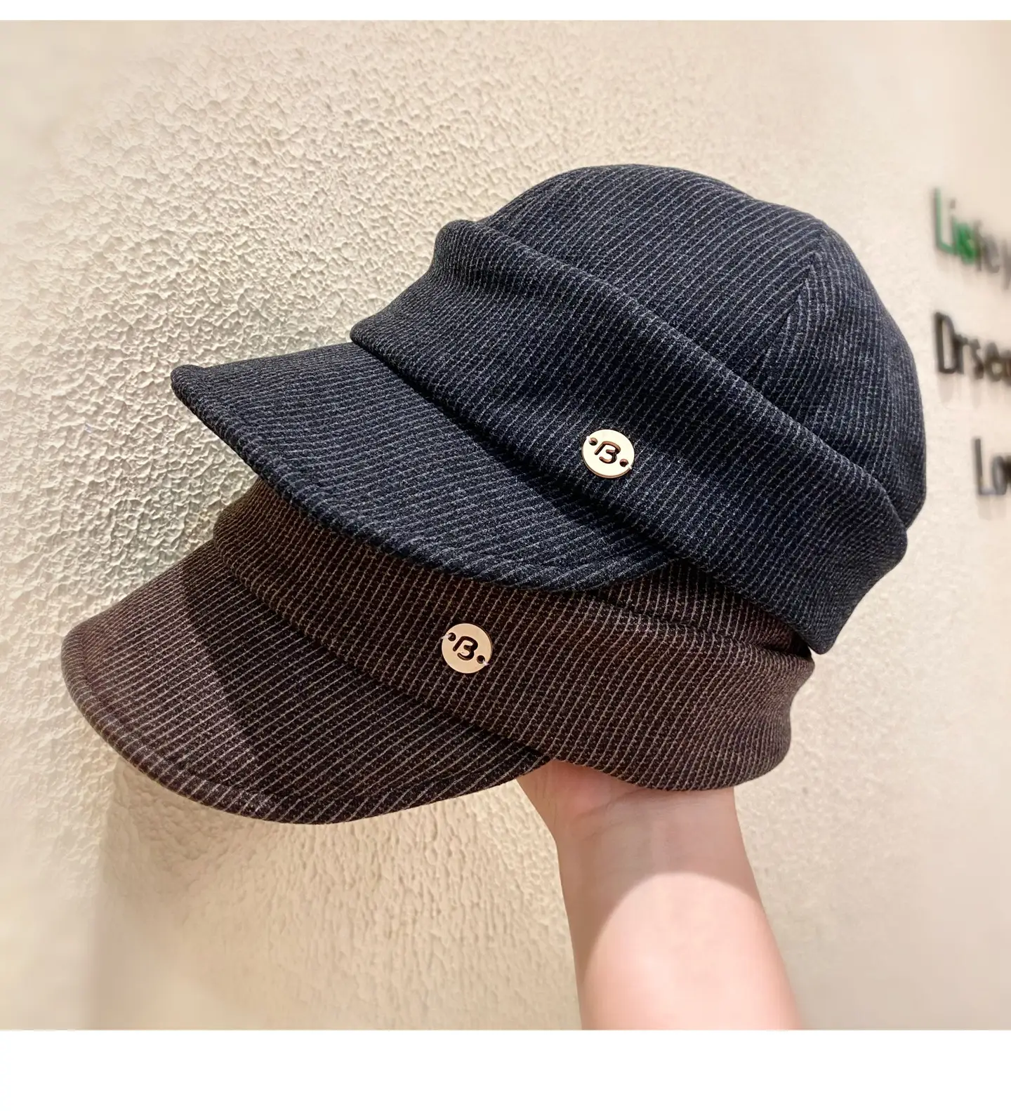 Women Classic Pleated Cap Grey Striped Spring Autumn — feature 1