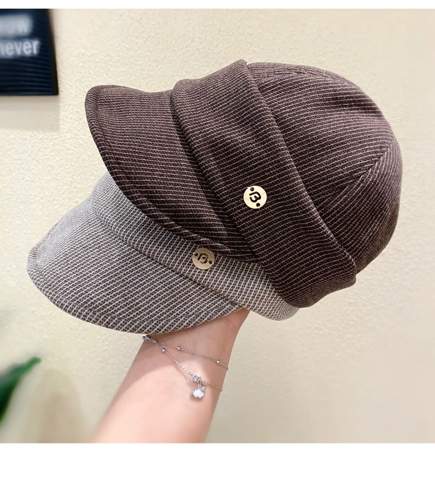 Women Classic Pleated Cap Grey Striped Spring Autumn — feature 2