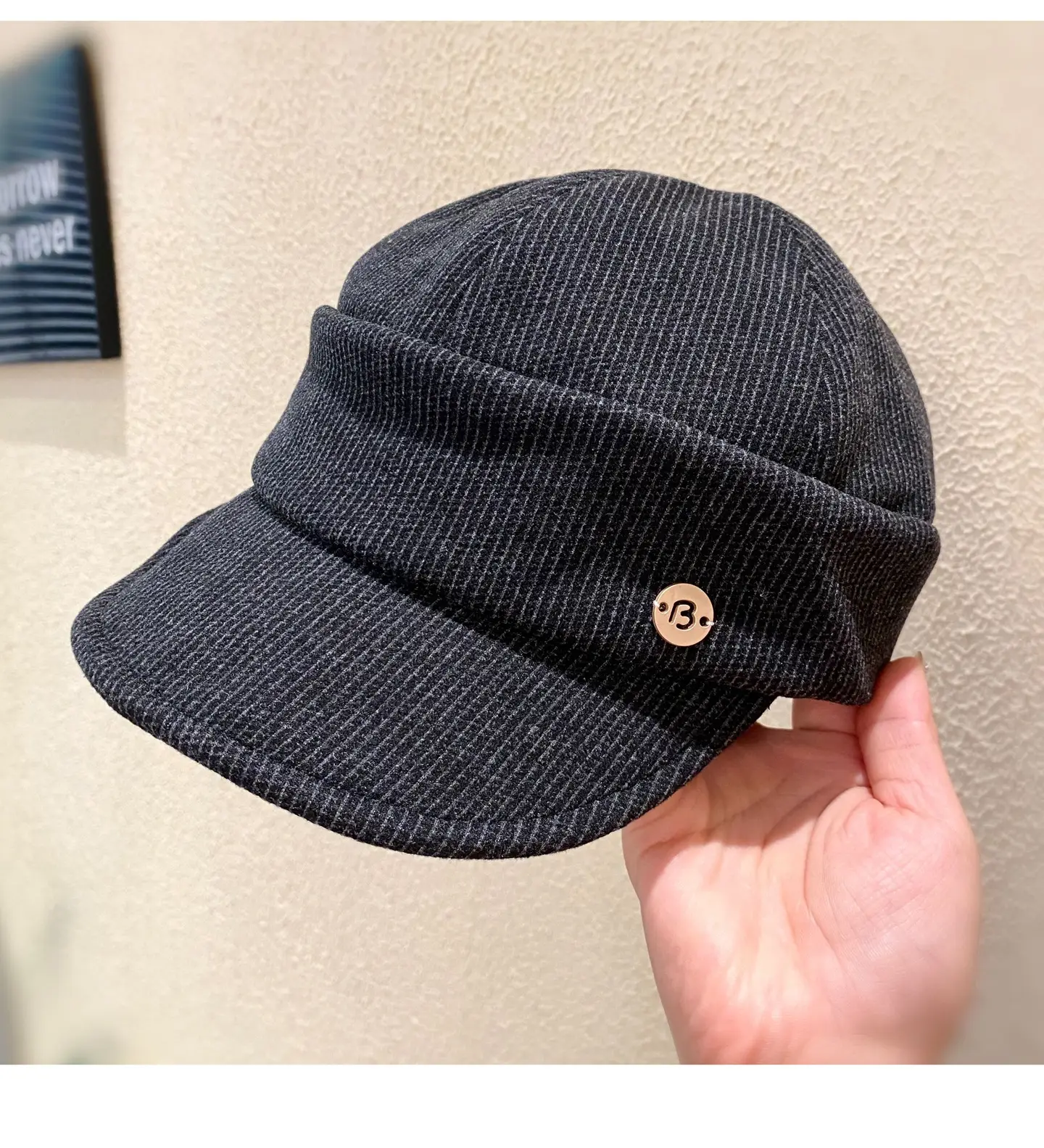 Women Classic Pleated Cap Grey Striped Spring Autumn — feature 3