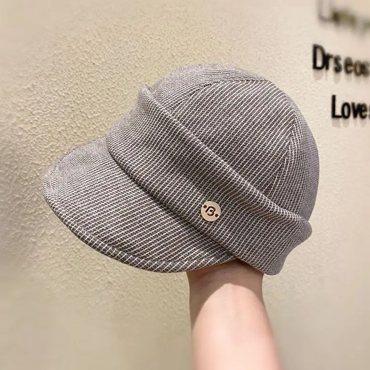 Women Classic Pleated Cap Grey Striped Spring Autumn - Image 2